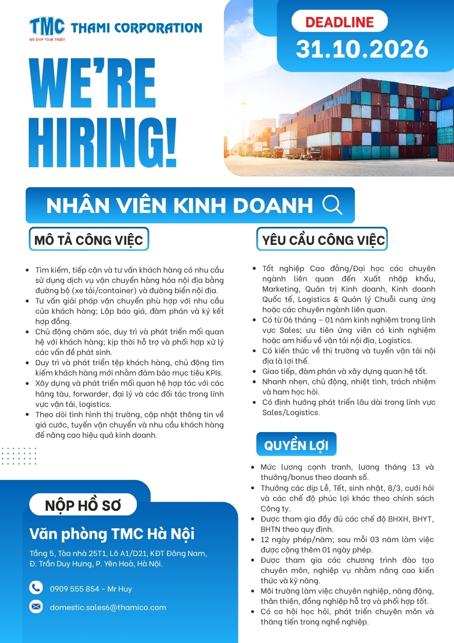 TUYỂN DỤNG NHÂN VIÊN KINH DOANH - TMC HÀ NỘI