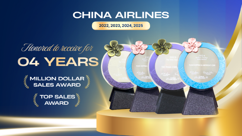 China Airlines honored TMC with “Million Dollar Sales Award” and “Top Sales Award” for 4 years (2022–2025)